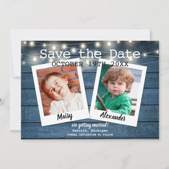 2 Foto blaue, rustikale Holzsäulenleuchten Save The Date (Vorderseite)