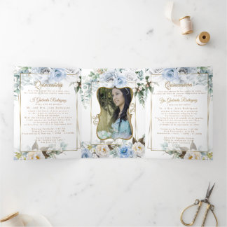 2 Foto Blue Peony Mis Quince Años Tri-Fold Dreifach Gefaltete Einladung