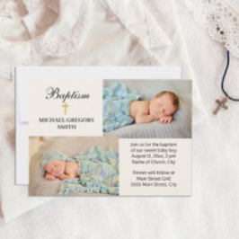 2 Foto Boy Girl Gold Cross Religiöse Taufe Einladung