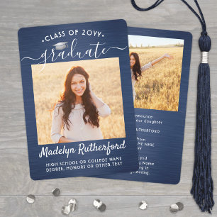 2 Foto Brushed Navy Blue White Script Abschluss Ankündigung