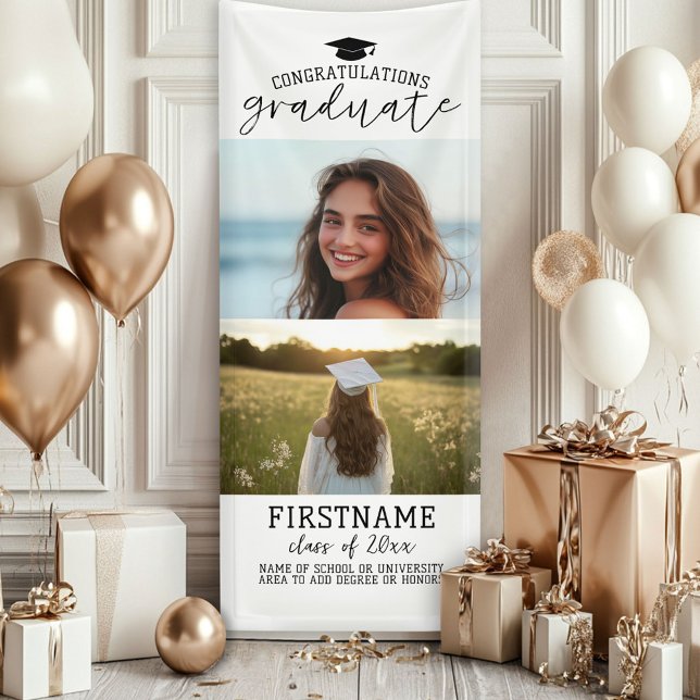 2 Foto Collage Abschluss Moderner Minimaler Weißer Banner (Custom Graduation Photo Banner - Great backdrop and Graduation Party Decoration)