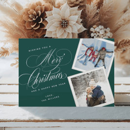 2 Foto Collage Elegantes Script grün weiß Feiertagskarte