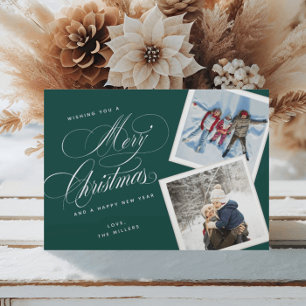 2 Foto Collage Elegantes Script grün weiß Feiertagskarte