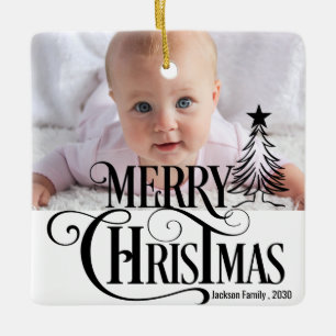 2 Foto-Collage Familienname & Jahr Einfach Weiß Keramikornament