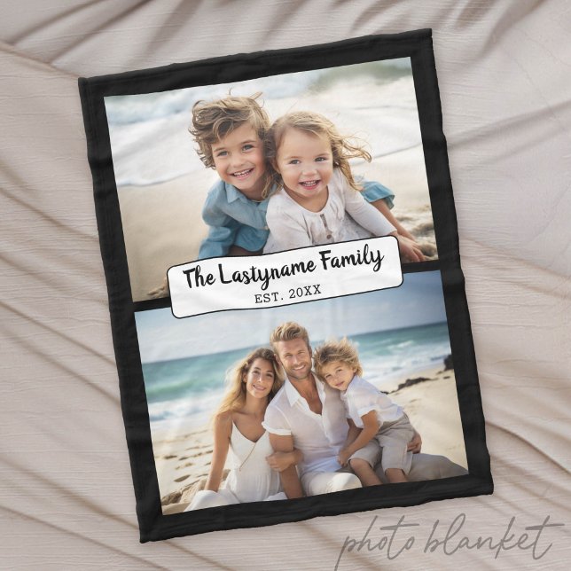 2 Foto-Collage mit Familienname und Datum Fleecedecke (Custom Photo Blanket)