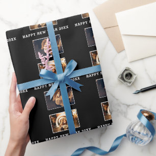 2-Foto-Collage Schwarz Frohes Neues Jahr Geschenkpapier