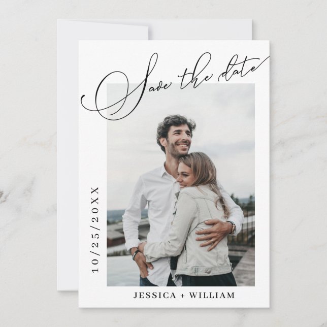 2 Foto Einfach elegante Kalligraphie Hochzeit Save The Date (Vorderseite)