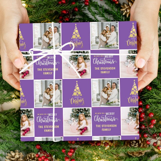 2 Foto Elegant Frohe Weihnachten Gold Lila Geschenkpapier (Von Creator hochgeladen)