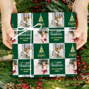2 Foto Elegant Golden Green Frohe Weihnachten Geschenkpapier