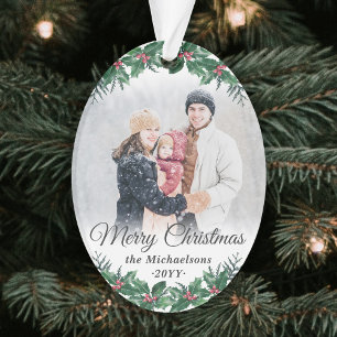 2 Foto Elegant Holly Greenery Frohe Weihnachten Ornament