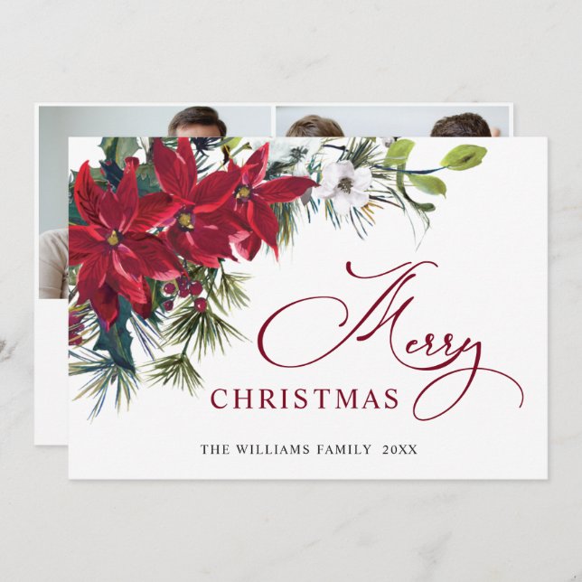 2 FOTO Elegant Poinsettia Weihnachtsgrüße Feiertagskarte (Vorne/Hinten)