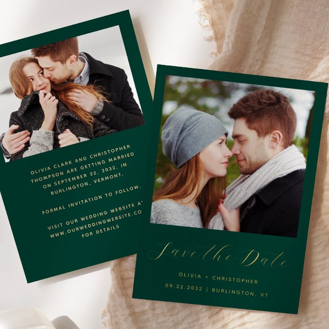 2-Foto Emerald Green Gold Script Save the Date Folieneinladung (Von Creator hochgeladen)