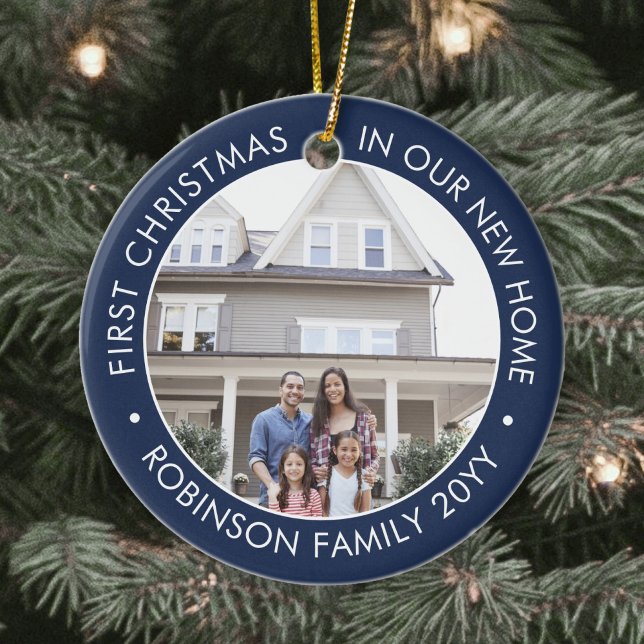 2 Foto Erste Weihnachten Neue Zuhause Navy Blue &  Keramik Ornament (Von Creator hochgeladen)