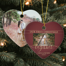 2 Foto Erstweihnachtsfest - Rotes und goldenes Her Keramik Ornament