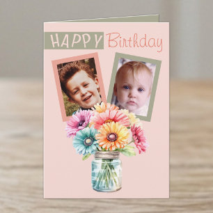 2 Foto Gerbera Korallen Grün Geburtstag Karte