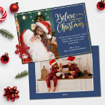 2 Foto glauben an den Zauber des Weihnachtsblauen Folien Feiertagskarte<br><div class="desc">Moderne Urlaubskarte mit einem Ihrer Lieblingssendungen der Weihnachtsfamilie auf dem verlassen, ergänzt durch einen echten Goldfolienrahmen und eine Formulierung, die auf der rechten Seite "Glaube an den Zauber der Weihnachtszeit" auf einem eleganten blauen Hintergrund steht, die mit deiner eigenen Begrüßungsbotschaft anpassbar ist. Sie können ein weiteres Bild auf der Rückseite...</div>