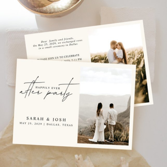 2 Foto glücklich je nach Creme Hochzeitsempfang Ankündigung (Easily personalize these cream wedding reception invites with your photos and details!)