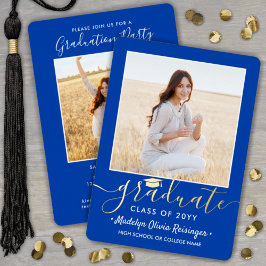 2 Foto Graduation Party Modernes Royal Blue und Folieneinladung