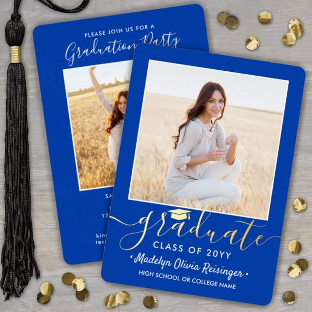 2 Foto Graduation Party Modernes Royal Blue und Folieneinladung (Von Creator hochgeladen)