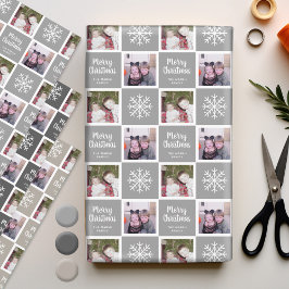 2 Foto Gray Neutrals Frohe Weihnachtsschneeflocken Geschenkpapier Set