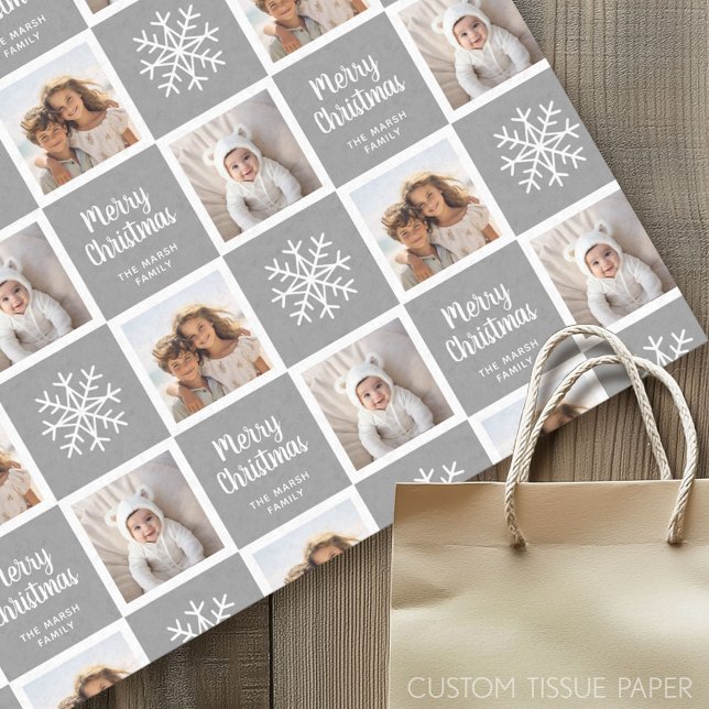 2 Foto Gray Neutrals Frohe Weihnachtsschneeflocken Seidenpapier (Custom Tissue Paper)