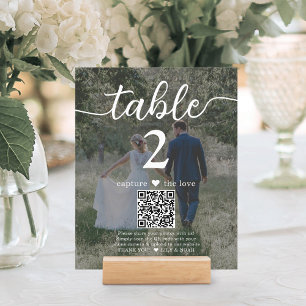 2 Foto Hochzeit QR Code Weiße Script-Tischnummer