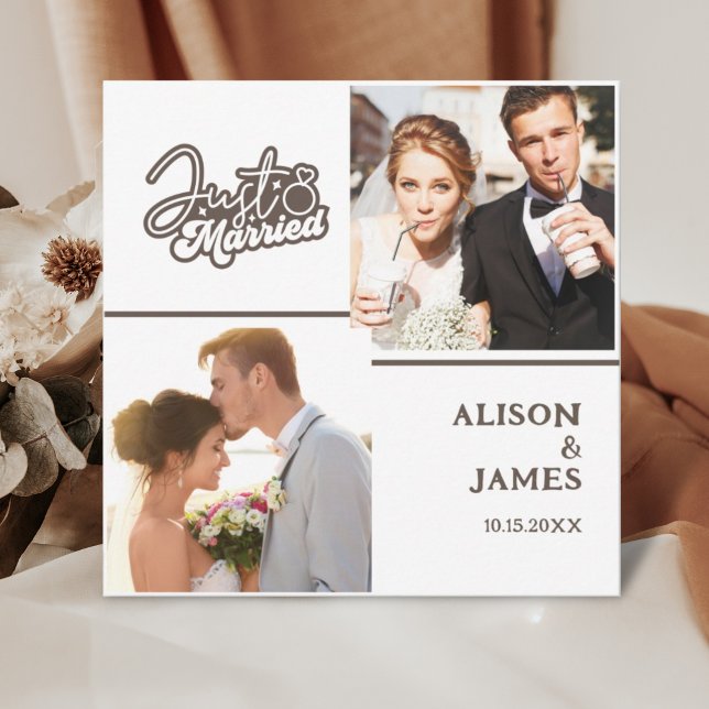 2 Foto Just Married Modern Script Heart Wedding Ankündigung (Von Creator hochgeladen)