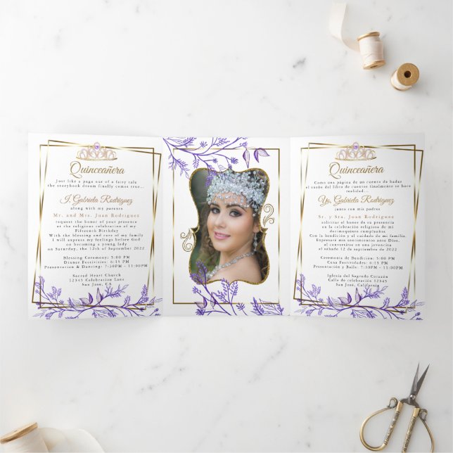 2 Foto Lila Foliage Mis Quince Años Dreifach Gefaltete Einladung (Innenseite)