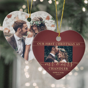 2 Foto Mr & Mrs. 1. Christmas Burgundy Gold Heart Keramik Ornament