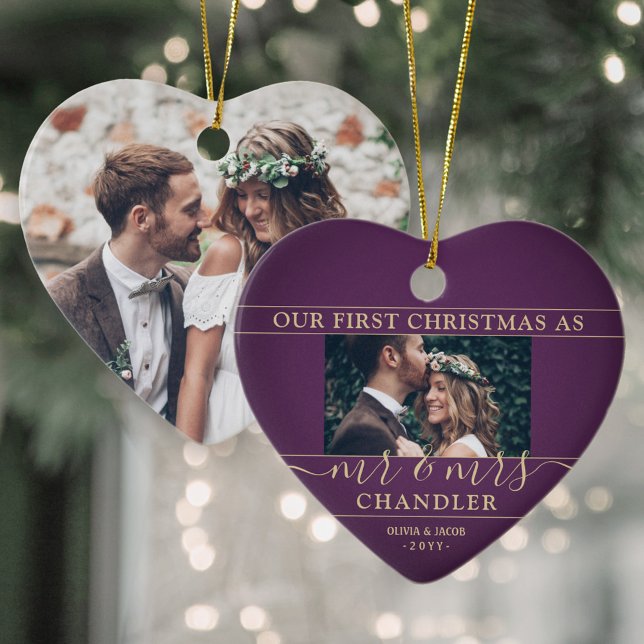 2 Foto Mr. & Mrs. 1. Christmas Plum Lila Heart Keramik Ornament (Von Creator hochgeladen)