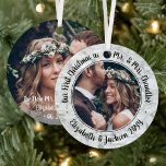 2 Foto Mr. & Mrs. 1 Weihnachten Elegante Imitate M Ornament Aus Metall<br><div class="desc">Feiern Sie einen fröhlichen 1. Urlaub als verheiratetes Paar mit einem maßgeschneiderten 2-Foto "Unser erstes Weihnachtsfest als Mr. & Mrs." runden Metall Imitate Marmor-Ornament. Alle Texte und Bilder auf dieser Vorlage sind einfach zu personalisieren. (IMAGE & TEXT DESIGN TIPS: 1) Um die Position der Formulierung anzupassen, fügen Sie Leerzeichen am...</div>