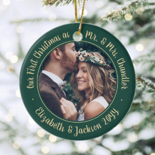 2 Foto Mr. & Mrs. 1. Weihnachtsschrift Green & Gol Keramik Ornament