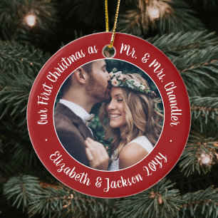 2 Foto Mr & Mrs. 1. Weihnachtsschrift Red & White Keramik Ornament