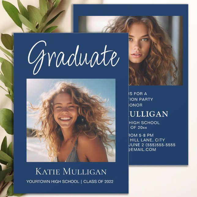 2 Foto Navy Blue Graduation Party (Navy blue 2 photo graduation party invitation)