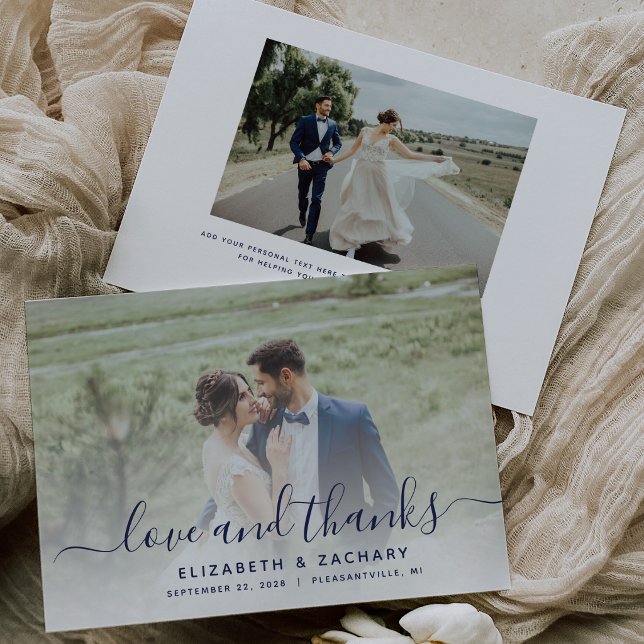 2-Foto-Navyblau-Script-Hochzeit Dankeskarte (Von Creator hochgeladen)