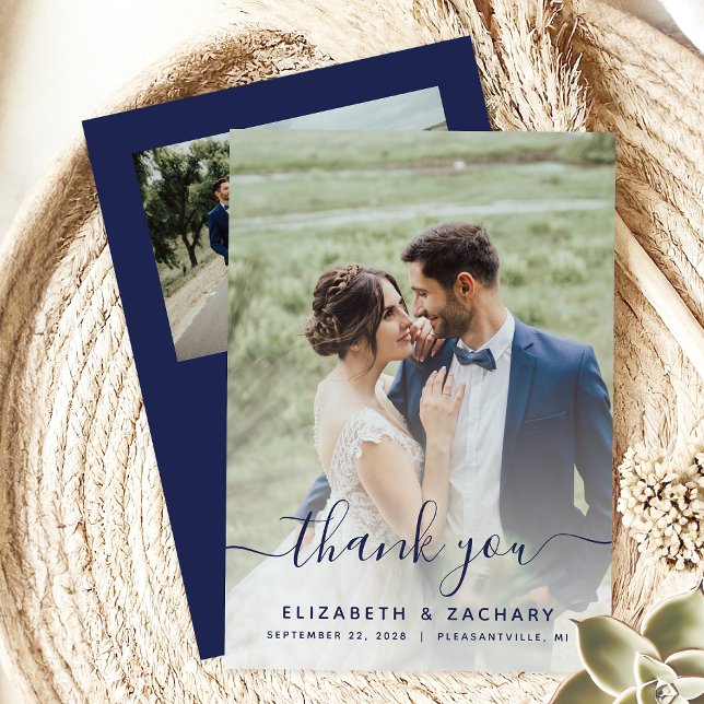 2-Foto-Navyblau-Script-Hochzeit Dankeskarte (Von Creator hochgeladen)
