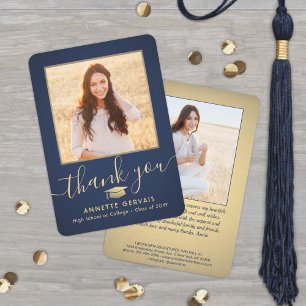2 Foto Neue Adresse Navy Blau und Gold Abschlussfe Dankeskarte