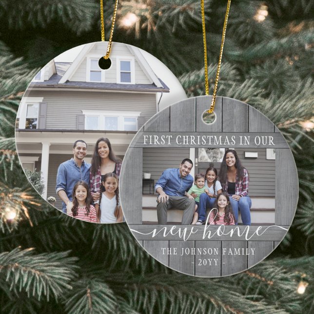 2 Foto Neue Zuhause First Xmas Gray Imitats Wood R Keramik Ornament (Von Creator hochgeladen)
