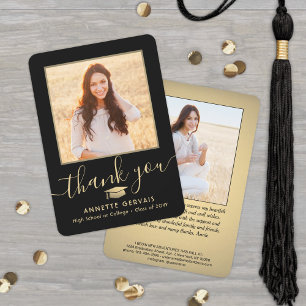 2 Foto New Address Black & Gold Script Abschluss Dankeskarte