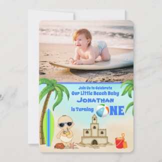 2 Foto Niedlich Boy Beach Baby Surfboard 1. Geburt Einladung
