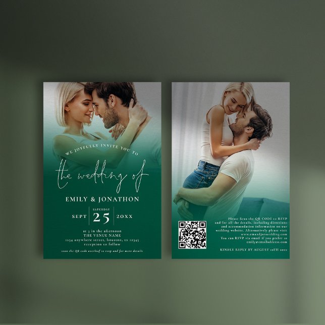 2 Foto Overlay Script QR Smarald Green Wedding Einladung (Front and back view. Available digitally and printed)