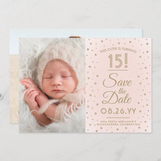 2 Foto Quinceanera Chic Blush Pink Gold Glitzer Save The Date (Vorne/Hinten)