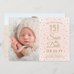 2 Foto Quinceanera Chic Blush Pink Gold Glitzer Save The Date