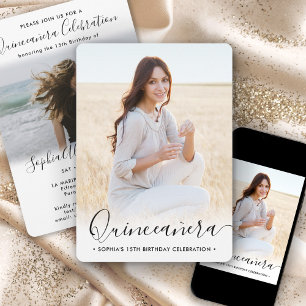 2 Foto Quinceanera Elegant Script 15. Geburtstag Einladung