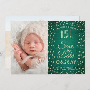 2 Foto Quinceanera Eleganter Green und Gold Glitze Save The Date