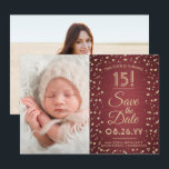 2 Foto Quinceanera Elegantes Burgund Gold Glitzer Save The Date<br><div class="desc">Die Zeit fliegt! Mit dieser stilvollen 2-Foto-Bordeaux und Gold 3.5"x5"-Save the Date Einladung laden Sie Familie und Freunde zu einem eleganten Quinceañera-Fest ein. (IMAGE PLACEMENT TIP: Eine einfache Möglichkeit, ein Foto genau so zu zentrieren, wie Sie es gewollt haben, ist es, es einzuschneiden, bevor Sie es auf die Zazzle-Website hochladen.)...</div>