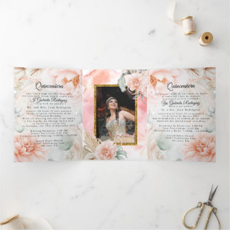 2 Foto Quinceanera English Español Coral Rose Dreifach Gefaltete Einladung