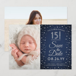 2 Foto Quinceanera Navy Blue Confetti Sparkle Save The Date