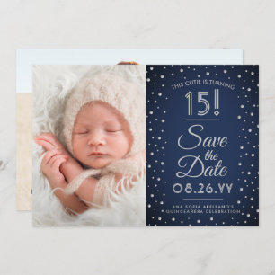 2 Foto Quinceanera Navy Blue Confetti Sparkle Save The Date
