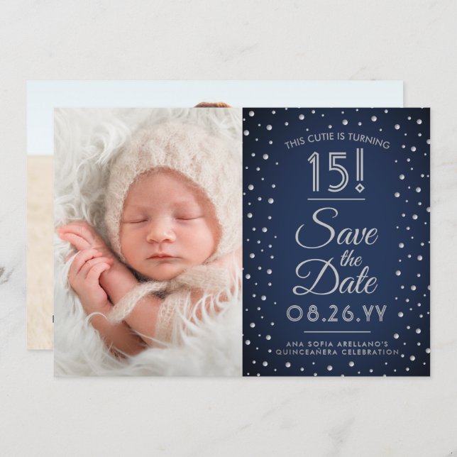 2 Foto Quinceanera Navy Blue Confetti Sparkle Save The Date (Vorne/Hinten)